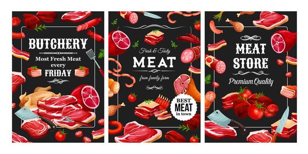 Alimentos de carnicería, salchichas y marco de carne
 - Vector, imagen