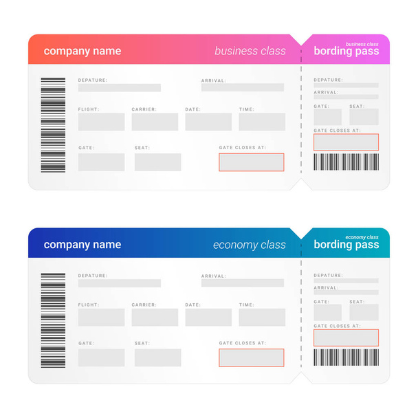 Płaski układ szablonu dla karty pokładowej ze szczegółami i polem informacyjnym. Bilety klasy ekonomicznej i autobusinees  - Wektor, obraz