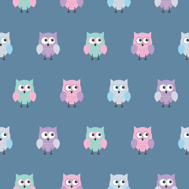 Cute flat owls pattern. Nice background for kids. On blue background. - Vetor, Imagem