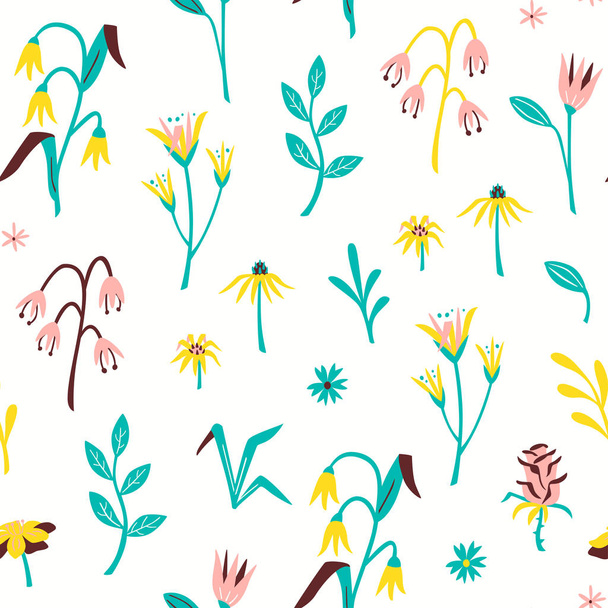 handgezeichnete Vektor nahtloses Blumenmuster mit Blumen und Blättern im Doodle-Stil. - Vektor, Bild