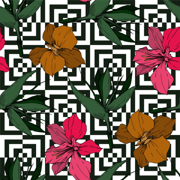 Vector Tropical flowers and leaves isolated. Black and white engraved ink art. Seamless background pattern. - Vector, Image