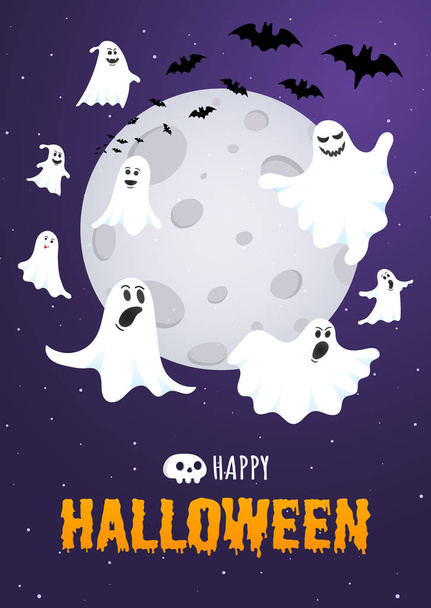 Happy Halloween text postcard banner with ghosts scary face, night sky - Vector, Image