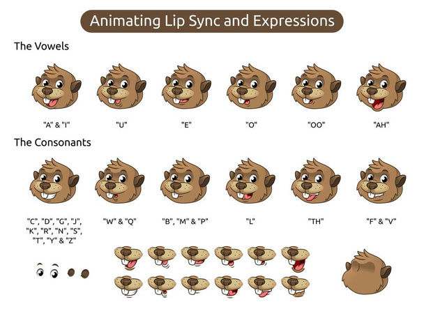 Beaver rajzfilmfigura Mascot illusztráció animált LIP Sync és kifejezések, Vector illusztráció, az elszigetelt fehér háttér. - Vektor, kép