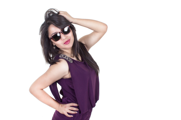 Confident hispanic woman with sunglasses, isolated on white - Foto, afbeelding