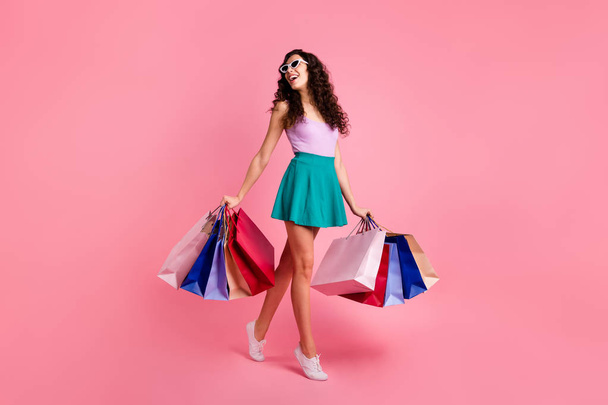 Full length body wavy size photo of charming attractive cute nice girlfriend wearing singlet teal skirt while isolated with pink background - Zdjęcie, obraz