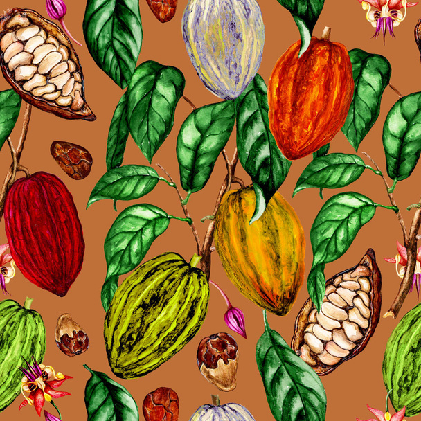Aquarell nahtloses Muster von Kakaopflanze, Kakaoblüten, Kakaobohnen, Kakaofrüchten - Foto, Bild