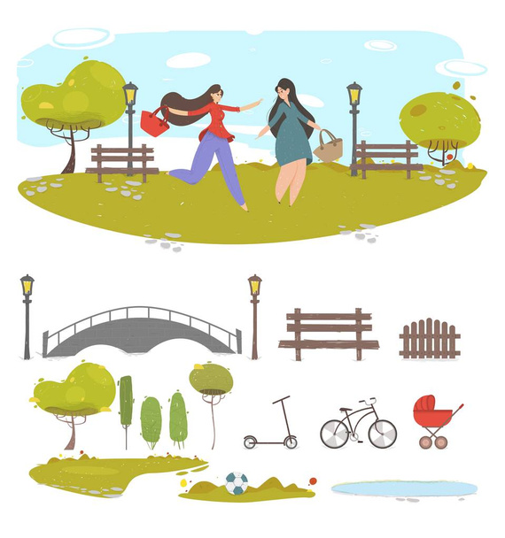 Couple of Girl Friends Walking in Summer City Park - Vector, Image