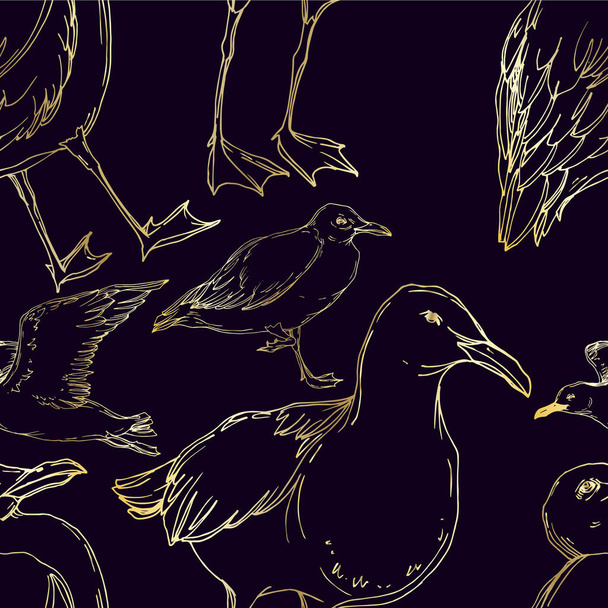 Vector Sky madár sirály egy vadon élő állatok elszigetelt. Fekete-fehér vésett tinta Art. Folytonos háttérmintázat. - Vektor, kép