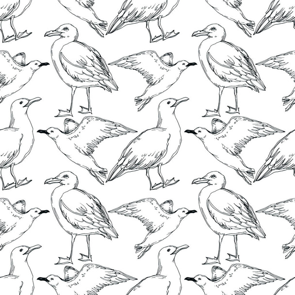 Vector Sky bird seagull in a wildlife isolated. Black and white engraved ink art. Seamless background pattern. - Vektor, kép