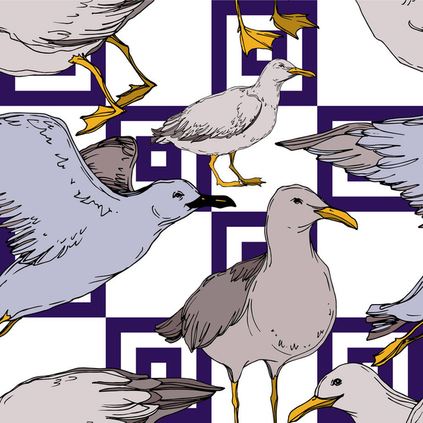 Vector Sky bird seagull in a wildlife isolated. Black and white engraved ink art. Seamless background pattern. - Διάνυσμα, εικόνα