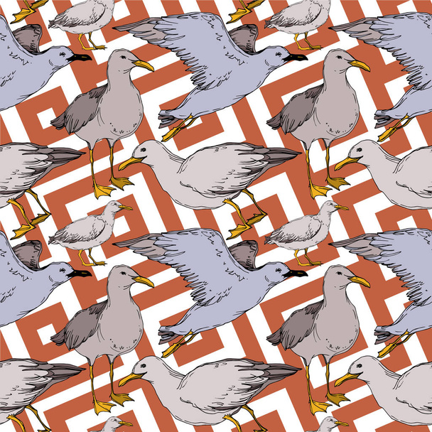 Vector Sky bird seagull in a wildlife isolated. Black and white engraved ink art. Seamless background pattern. - Vector, Imagen