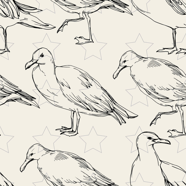 Sky bird seagull in a wildlife. Black and white engraved ink art. Seamless background pattern. - Vector, Imagen