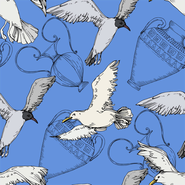 Sky bird seagull in a wildlife. Black and white engraved ink art. Seamless background pattern. - Vektor, obrázek