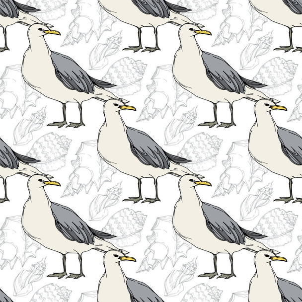 Sky bird seagull in a wildlife. Black and white engraved ink art. Seamless background pattern. - Vektor, kép