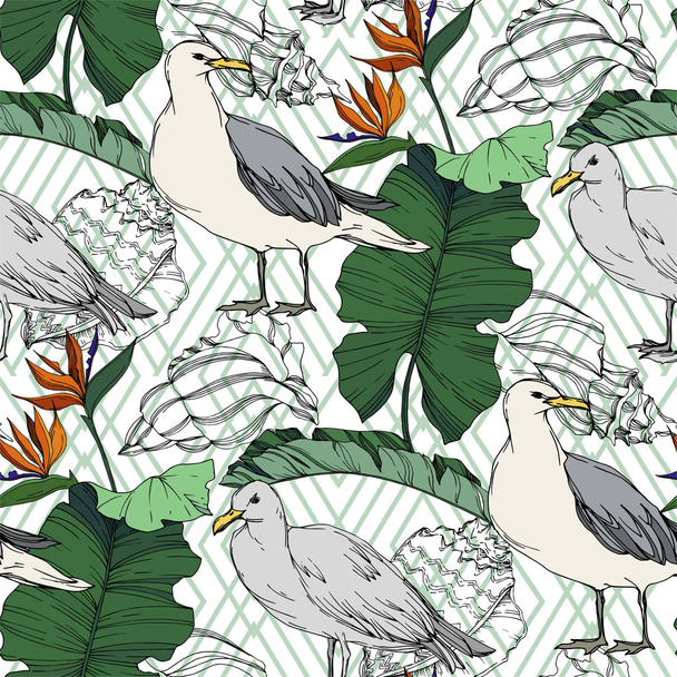 Sky bird seagull in a wildlife. Black and white engraved ink art. Seamless background pattern. - Vector, Image