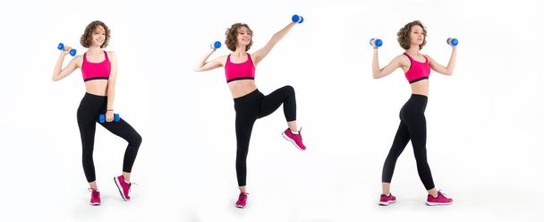 Young athletic woman does three different exercises with dumbbells. - Photo, Image
