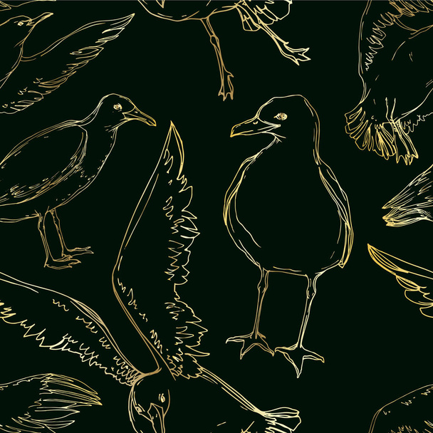 Vector Sky bird seagull in a wildlife. Black and white engraved ink art. Seamless background pattern. - Vektör, Görsel