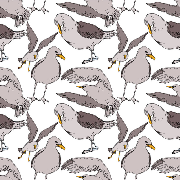 Vector Sky bird seagull in a wildlife. Black and white engraved ink art. Seamless background pattern. - Vektör, Görsel
