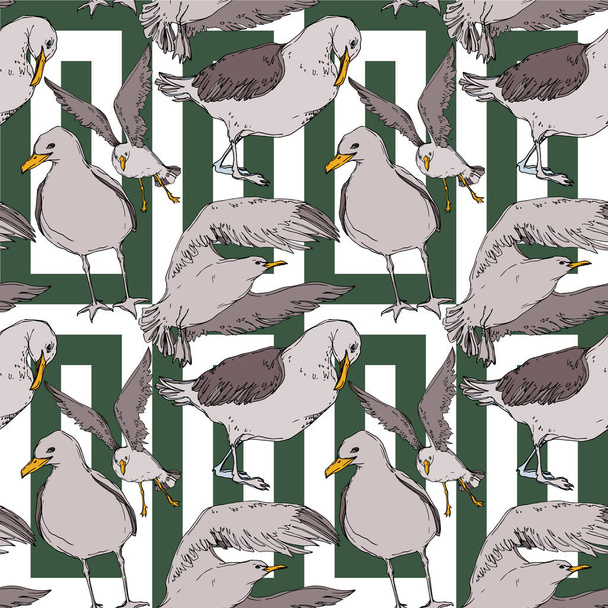 Vector Sky bird seagull in a wildlife. Black and white engraved ink art. Seamless background pattern. - Vector, Image