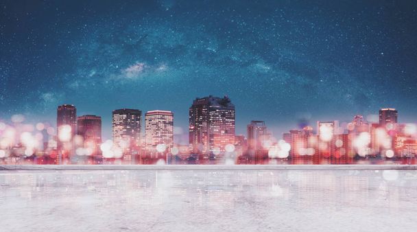 Panoramic Osaka city at night with glowing Bokeh light with starry sky and concrete floor, vintage tone - Photo, Image