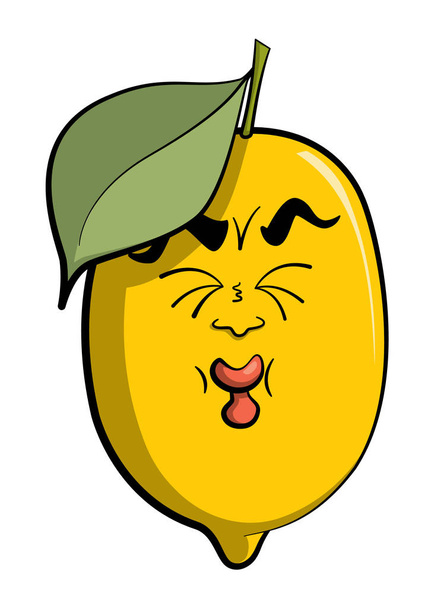 Cartoon illustration of a yellow, sour lemon with a sour facial expression. - Vector, Image