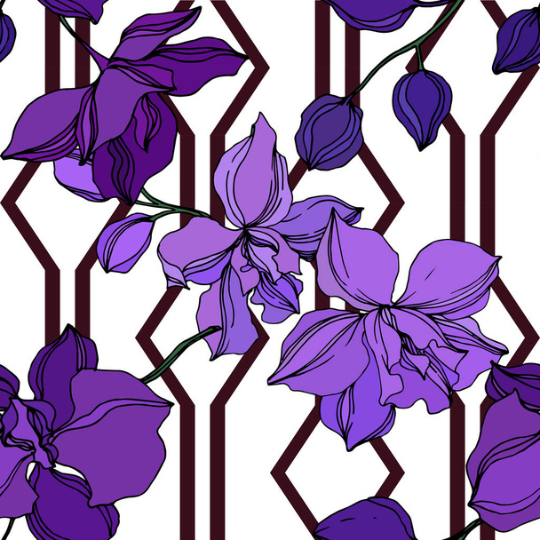 Vektorororchidee florale botanische Blumen. schwarz und lila gravierte Tuschekunst. nahtloses Hintergrundmuster. - Vektor, Bild