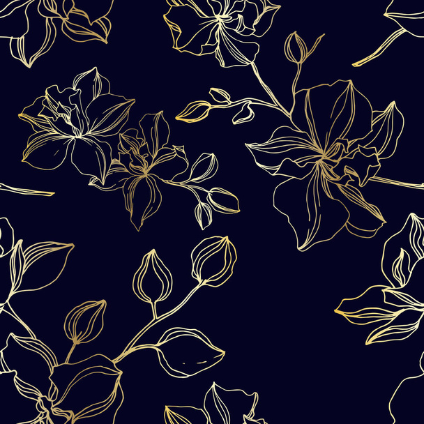 Vector Orchid floral botanical flowers. Black and gold engraved ink art. Seamless background pattern. - Vector, Image