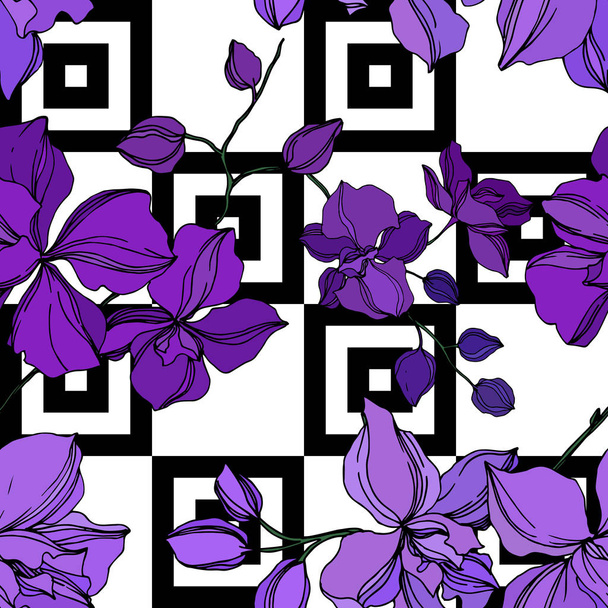 ベクトル蘭の花の植物の花。黒と紫の彫刻インクアート。シームレスな背景パターン. - ベクター画像