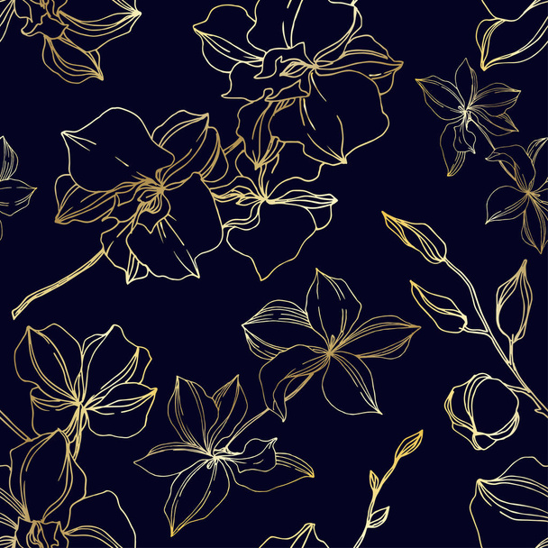 Vector Orchid floral botanical flowers. Black and white engraved ink art. Seamless background pattern. - Vetor, Imagem