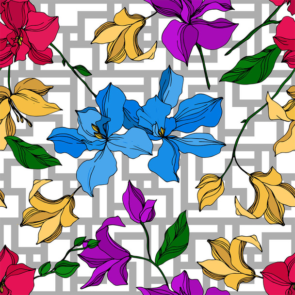 Vector Orchid floral botanical flowers. Black and white engraved ink art. Seamless background pattern. - Vektor, obrázek