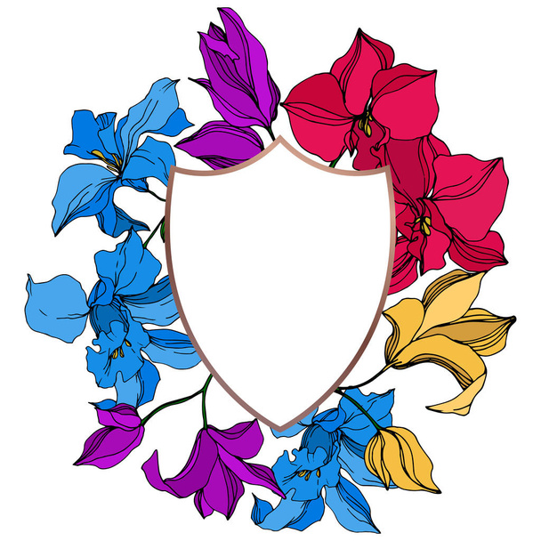 Vektorororchidee florale botanische Blumen. Schwarz-weiß gestochene Tuschekunst. Rahmen Rand Ornament Quadrat. - Vektor, Bild