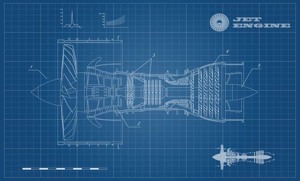 Jet engine of airplane in outline style. Industrial aerospase blueprint. Drawing of plane motor. Part of aircraft. Side view - Vector, Image