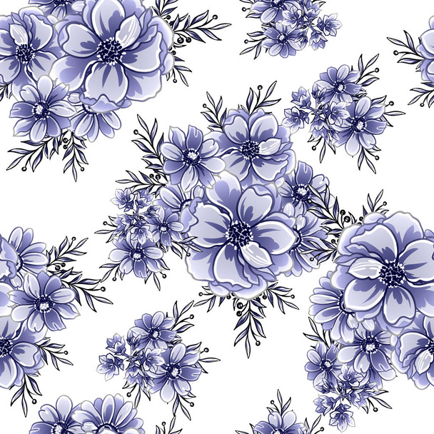 Naadloze blauwe monochrome vintage stijl bloemen patroon - Vector, afbeelding