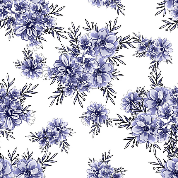 Płynny niebieski monochromatyczne vintage styl kwiaty wzór - Wektor, obraz