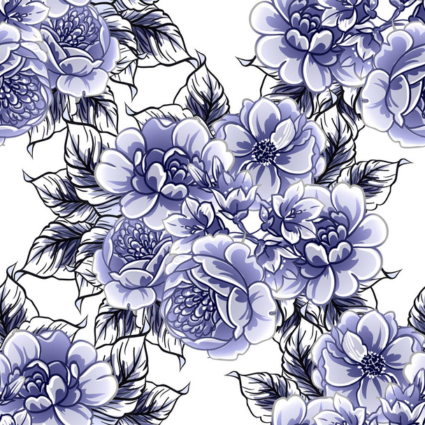 Seamless blue monochrome vintage style flowers pattern - Вектор, зображення