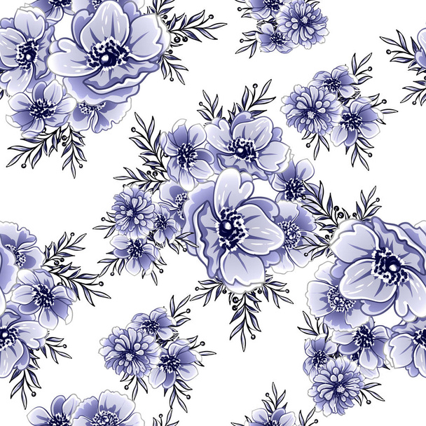 Seamless blue monochrome vintage style flowers pattern - Vecteur, image