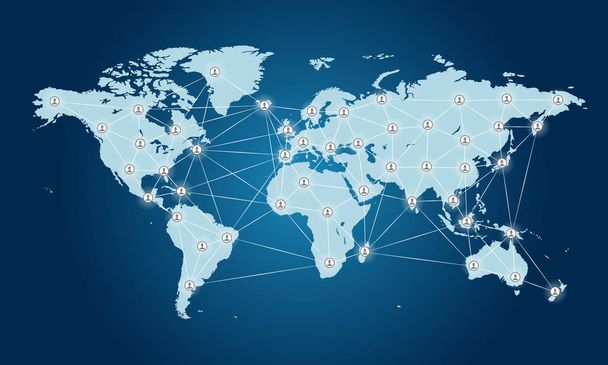 Παγκόσμιος Χάρτης αφηρημένων τηλεπικοινωνιών με κύκλους επαφών, γραμμών και διαβαθμίσεων. Μπλε και λευκό διανυσματικό σχεδιασμό - Φωτογραφία, εικόνα