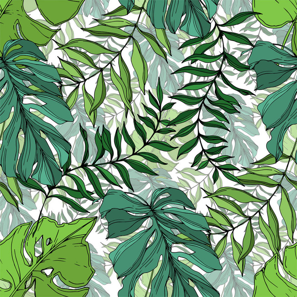 Vector Palm beach tree leaves jungle botanical. Black and white engraved ink art. Seamless background pattern. - Wektor, obraz