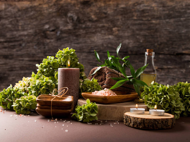 spa massage setting product, oil on wooden background, Vlaentine day background - Valokuva, kuva