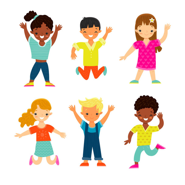 Conjunto de felices niños sonrientes de diversas etnias y géneros en estilo de dibujos animados
 - Vector, imagen