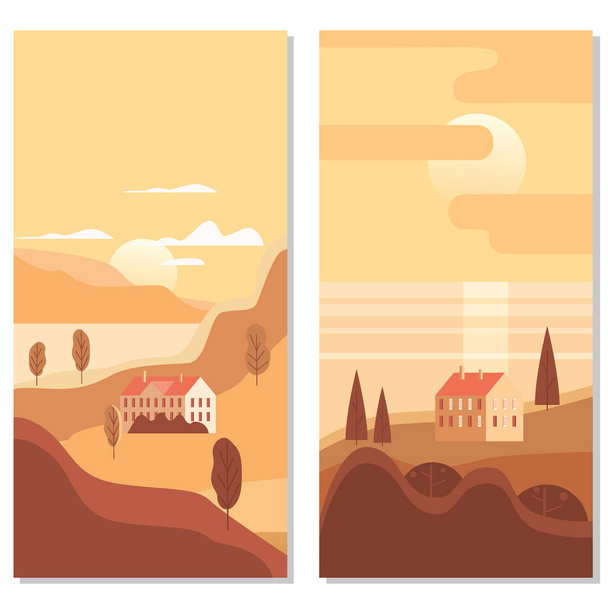 Landscape rural suburban traditional buildings, hills and trees mountains sea sun in trendy minimal geometric flat style. Vector, isolated vertical. Social media stories baner poster template - Vector, Image
