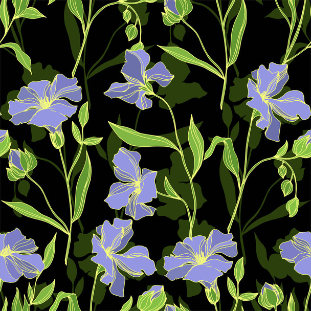 Vector vlas bloemen botanische bloemen. Zwart-wit gegraveerd Ink Art. Naadloos achtergrond patroon. - Vector, afbeelding