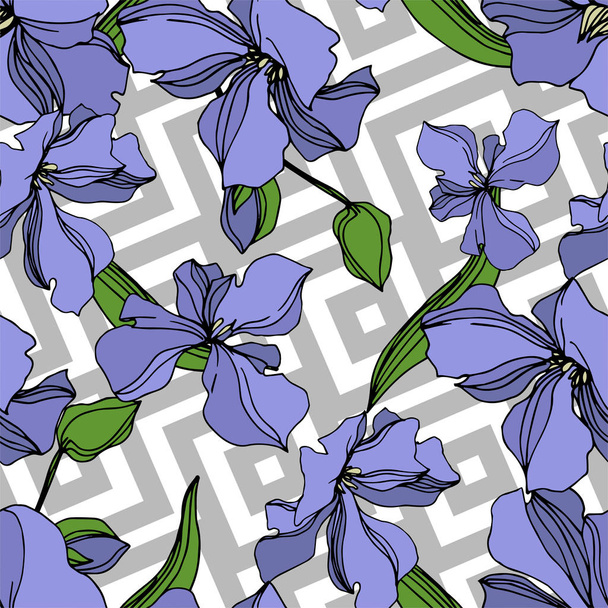 Vector Flax floral botanical flowers. Black and white engraved ink art. Seamless background pattern. - Vettoriali, immagini