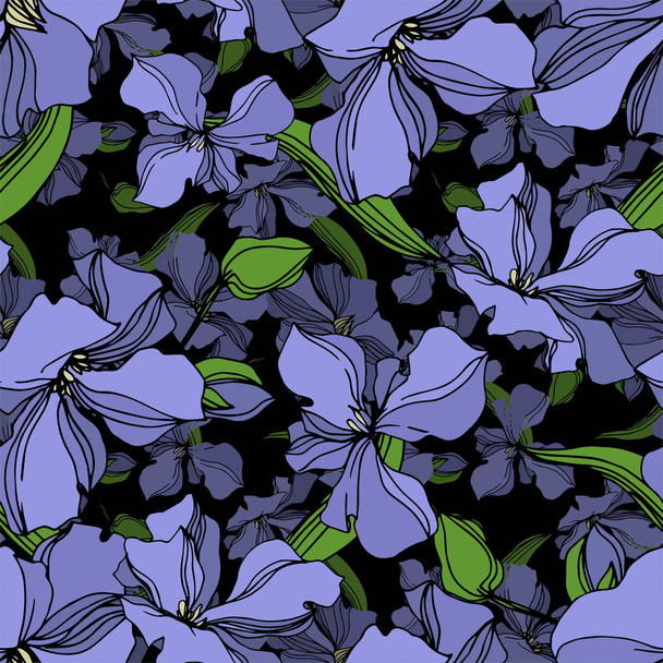 Vector Flax floral botanical flowers. Black and white engraved ink art. Seamless background pattern. - ベクター画像