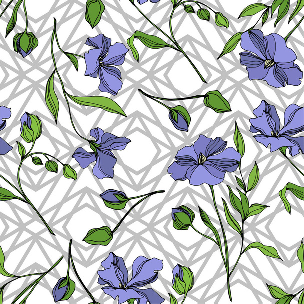 Vector Flax floral botanical flowers. Black and white engraved ink art. Seamless background pattern. - Wektor, obraz