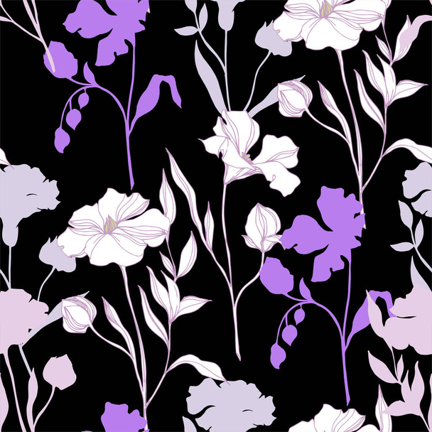 Vector Flax floral botanical flowers. Black and white engraved ink art. Seamless background pattern. - Vektor, obrázek