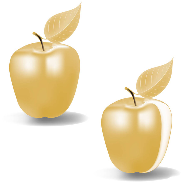 白い背景に金色のリンゴの一つは、切り取られたスライスとリンゴの一つ - ベクター画像
