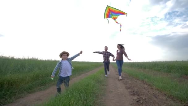 familie idylle, jongetje met vlieger in zijn handen loopt op het platteland in slow motion op achtergrond van jonge ouders en zonnige hemel tijdens het weekend in de natuur - Video
