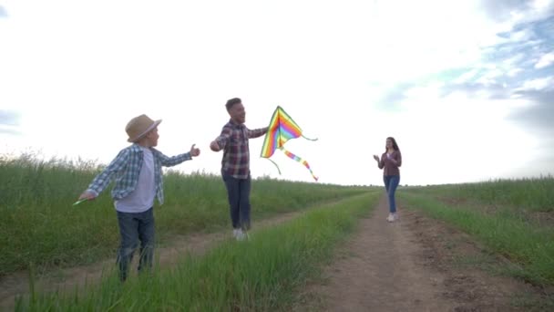 familie vlieger vliegen, zoon met moeder en vader loopt op het platteland tijdens rust in de natuur op de achtergrond van de hemel - Video