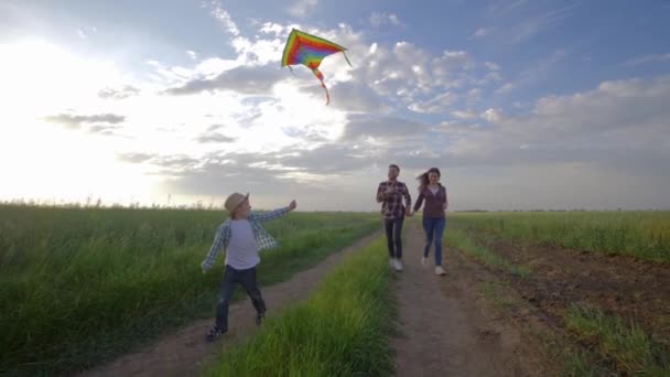Gelukkig actief familie weekend, jongetje met vlieger in handen loopt in de buurt van jonge ouders in slow motion op het platteland in de open lucht - Video